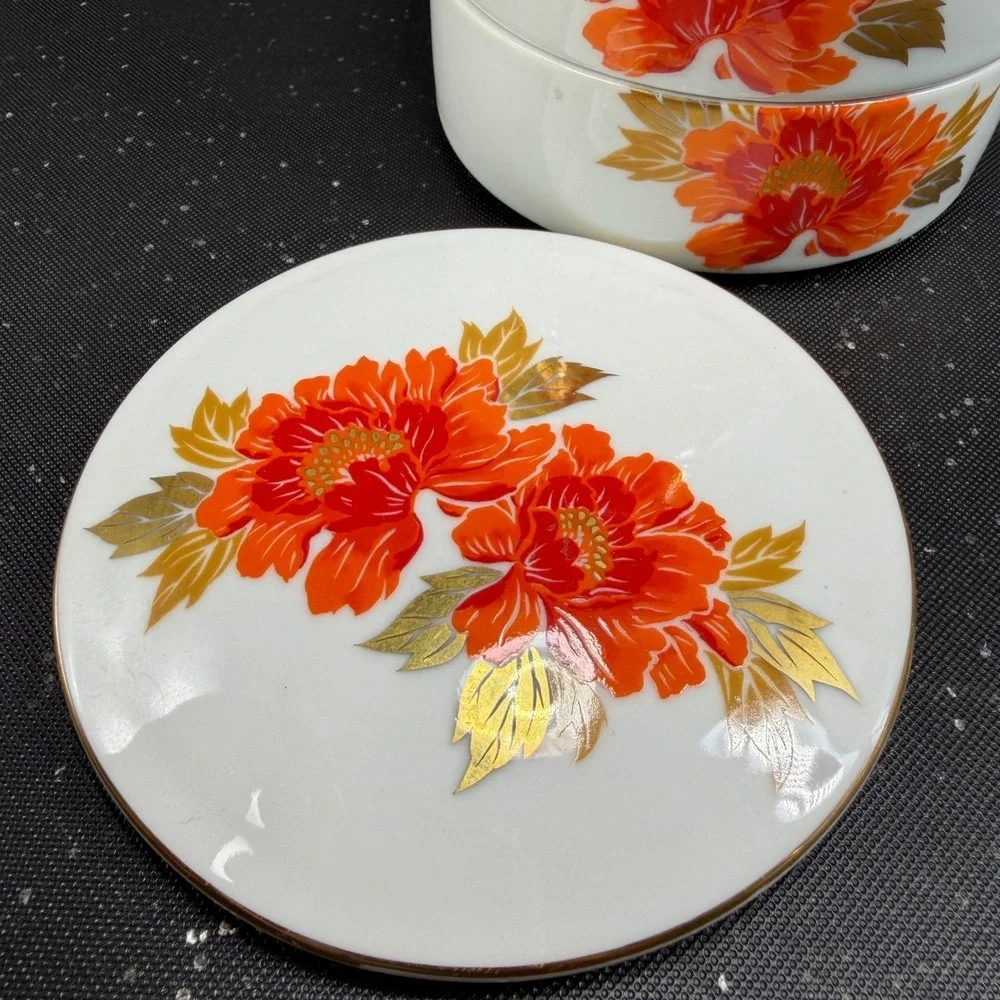 Vintage Otagiri Japan Porcelain 3 Tier Stacking Trinket Box Orange Peony Gold